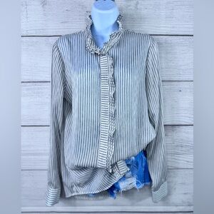 Banana Republic Striped Ruffle Trim Blouse Hidden Button Down Medium